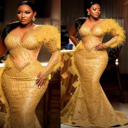 2024 Aso Ebi Gold Mermaid Prom Dress Beaded Feather Sequined Evening Formal Party Second Reception 50th Birthday Engagement Gowns Dresses Robe De Soiree ZJ359