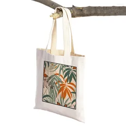 Shopping Bags Tropical Leaf Shopper Supermarket Shoulder Bag Folding Canvas Lady Handbag Cartoon Plant Travel Small Women