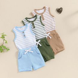 Clothing Sets Summer Kids Baby Boys Cotton Striped Print Sleeveless O-neck Ribbed Tanks Tops High Waist Pocket Shorts