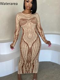 Casual Dresses Waterarea Women 3D Body Striped Printed Long Sleeve Bodycon Midi Maxi Dress 2024 Winter Fashion Sexy Even Party Vestidos