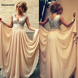 Real Image Sequins Chiffon Prom Dresses V Neck Champagne Sexy Bridesmaid Formal Evening Gowns Cheap 259B