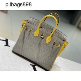 Women Brkns Handbag Genuine Leather 7A Handswen Color matte crocodile skin belly with half honey wax thread color 25 with fashionable womensN83O