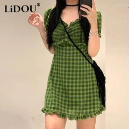 Party Dresses Summer Sexy Plaid Printing Bodycon Mini Dress Ladies Square Collar Nightclub Fashion Vestidos Women Puff Short Sleeve Waist