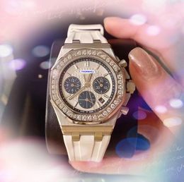 Luxury Women Quarz Chronograph watches automatic date black white blue rubber belt Diamonds Ring Military Analog Time Chain Three Eyes Designer watch Gifts