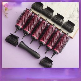 NEW 6pcs/set 3 Sizes Detachable Handle Hair Roller Brush with Positioning Clips Aluminum Ceramic Barrel Curler Comb Hairdrfor Detachable Handle Curler