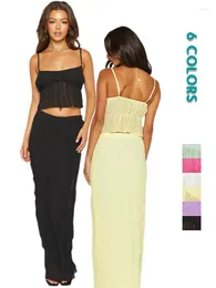 Skirts Women's Summer 2PCS Ruffle Y2K Outfit Sets Sleeveless Camisole Backless Crop Tops Maxi Bodycon Skirt Streetwear Party Outfits