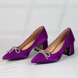 Dress Shoes Chunky High Heel Women Pointed Toe Office Lady Wedding Pumps Classic Design Shallow Elegant Rhinestones Bow Footwear