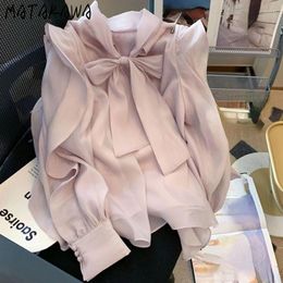 Women's Blouses Matakawa Chiffon Women Tops Solid Ruffles Lace Up Bow Elegant Blusas Feminina Korean Fashion Sweet Spring Camisas