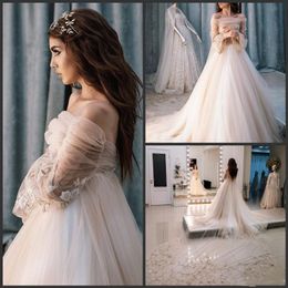 A Line Tulle Long Sleeve Wedding Gowns Off Shoulder Pricess Boho Berta Bridal Gowns Detachable Cathedral Train 2022 202m