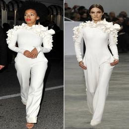 New Arrival Celebrity Dresses White Jumpsuit Long Sleeves High Neck with Flowers Formal Party Gowns Evening Dresses Custom Made 242f