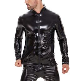 7XL Plus Size Mens Shiny Shirt Long Sleeve Full Zipper Wetlook Leather Jacket Stand Collar Shaping Casual Windbreaker Catsuit Costumes