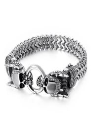 XMAS Gifts Crystals 316L Stainless steel casting Figaro lINK Chain bracelet double Skull End bangle bracelet mens boy jewelry silv6097202
