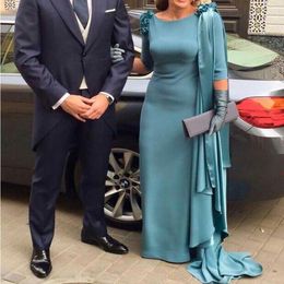 teal blue Evening Dresses Sheath Three Quarter Sleeves Drapped Women Formal Long Mother of the Bride Dress vestido de fiesta de noche 300E