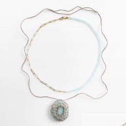 Chains Necklace 2 Pcs/Set Fashion Blue Stone Beaded Gold Metal Chain Necklaces For Women Handmade Weave Resin Big Pendants Drop Deli Dhpqp