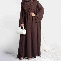 Ethnic Clothing New 2 Piece Abaya Kimono Matching Muslim Set Ramadan Abayas for Women Dubai Turkey Inner Hijab Dress Arab Islam Clothing Jilbab T240510