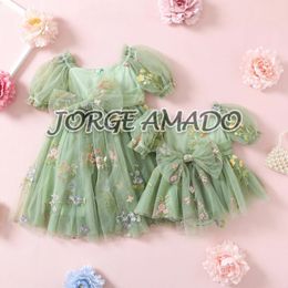 Sister Matching Outfits Embroidery Short Puff Sleeves Bodysuit Square Collar Dress with Sashes Daughter Clothes H4566 240507