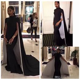 Elegant Mermaid Evening Dresses Plus Size High Neck Black Formal Prom Gowns With Capes Saudi Arabic African Party Dress 320J