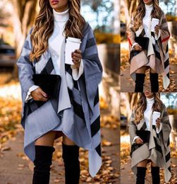 Scarves Autumn Winter Women Fashion Batwing Sleeve Coat Plaid Stripes Poncho Scarf Shawl Vintage Panchos Female8305741