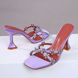 Brand Summer Fashion Women Sandals 2023 Peep Slippers Elegant Hot Square Head Open Toe Flowers Rhinestone High Heels