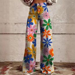Women's Pants Women Retro High Waist Button Zipper Pockets Long Trousers Digital Floral Print Casual Straight Wide Leg
