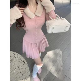 Work Dresses Sweet Girl Pink Suit Women's Autumn/Winter Spliced Knitted Cardigan Pleated Short Skirt Two-piece Set Fashion Female Clothes