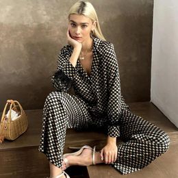 Home Clothing Autumn European And American Long-Sleeved Pajamas Printed Plaid Shirt Trousers Suit Ice Silk Can Be Worn Outside Feather We