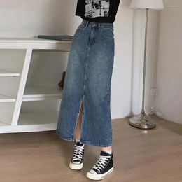 Skirts Solid Colour Skirt Vintage High Waist Denim Midi With Front Slit Pockets Retro Button-zipper Closure Washed Jean For Women