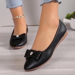 Casual Shoes Women Black Leather BowKnot Slip On Flats Sandals Pointed Toe Shallow Rubber Sole Anti-Slip Zapatos De Mujer