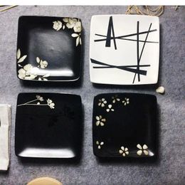 Plates Hand Painted Ceramic Plate Black And White Square Household Kitchen Decorative Tableware Cake Dessert