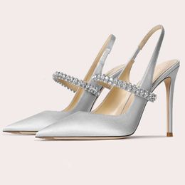 Satin Rhinestone Pointed Toe High Heels Womens Fashion Mule Elegant Slingback Sandals Sexy Party Dress Shoes Woman Pumps