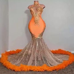 Black Girls Orange Mermaid Prom Dresses 2023 Satin Beading Sequined High Neck Feathers Luxury Skirt Evening Party Formal Gowns BC14825 2434