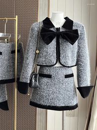 Work Dresses Fall Winter Two Piece Set Women Small Fragrance Sweet Bowknot Tweed Short Jacket Coat & Mini Skirts Ladies Fashion Elegant