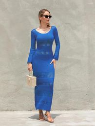 Casual Dresses Women Knit Hollow-Out Long Sleeve Back Tie-Up Backless Dress Solid Color Beach Party Cocktail Bodycon