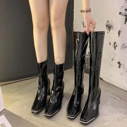 Boots Women Knee High Square Toe Zipper Ladies 2024 Autumn Winter Thick Heels Pumps Female Patent Leather Shoes Long