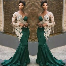 2020 NEw Black Girl Mermaid Evening Dress New Prom Dresses Long Sleeve Lace Applique Beaded paolo sebastian African Elegant Evening Gow 328s
