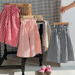 Trousers Girls Fresh Plaid Straight Leg Pants Summer Casual Korean Wide Children Flower Bract Waist Lace-up All-matching Trouse