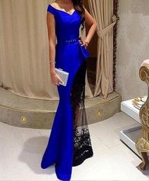 Plus Size 2019 Sexy Mermaid Evening Dresses With V Neck Capped Sleeves Royal Blue Satin And Black Lace Peplum Long Formal Occasion3227884