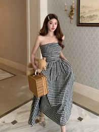 Casual Dresses Summer Women's 2024 Checkered Bra Slimming Dress Break French First Love Pure Milk Sweet Long Skirt