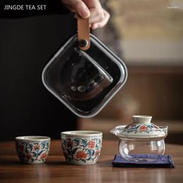 Teaware Sets Jingdezhen Blue And White Porcelain Tea Set Glass Gaiwan One Pot Two Cups Outdoor Infuser Travel Portable Ceramic