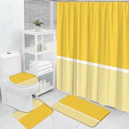 Shower Curtains 4Pcs Modern Minimalist Geometric Curtain Striped Solid Color White Nordic Creative Bathroom Set Toilet Cover Bath Mat Rug