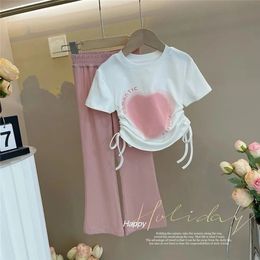 Summer Girl Casual Clothes Sets Children Short Sleeve TopsWideLegged Pants 2Pcs Suit Kids Fashion Tighten Waist Outfit 240428