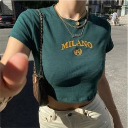 Women's T Shirts Y2K Embroidery Letter Printing Stitch Green Tops O-neck Short Sleeve T-Shirts Clothes Shirt Vintage Clothing Tee NS5728