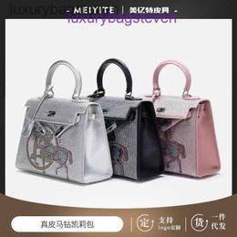 Fashion Hremms Kelyys Top Brand Designer Totes Handbags 2024 New Genuine Leather Horse Diamond Bag Fashion Texture Rhinestone Handheld Female Have Real Logo