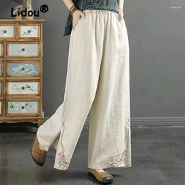 Women's Pants Women Clothing 2024 Summer Vintage Ethnic Style Embroidery Cotton Linen Wide Leg High Waist Loose Split Straight Trousers