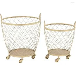 Laundry Bags Iron Storage Cart Set Of 2 Diamond Weave Design Arch Handles Rolling Wheels Gold Finish 18"x17"x21" 14"x14"x15