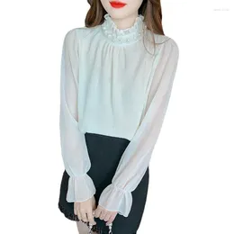 Women's Blouses Chiffon Shirt Clothing Spring 2024 Fashion Standing Neck Pearl Ruffle Edge Design Feeling Blouse Women Top Trendy