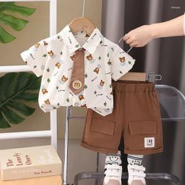 Clothing Sets Western Baby Boys Boutique 2024 Korean Cartoon Printed Turn-down Collar Short Sleeve Shirts And Shorts Boy Outfit Set