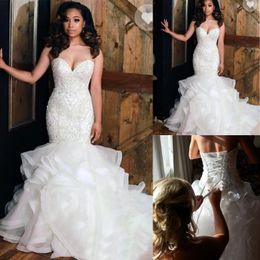 African Sweetheart Organza Mermaid Wedding Dresses Bead Stones Top Layered Ruffles Plus Size Wed Bridal Gowns 215G