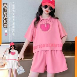 Summer Girls Clothes Polo Shirt Loose Shorts 2 Piece Set Teenage Girl Stereoscopic Heart Top Button Letter Tracksuit 240428