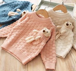 Fall Winter Kids Sweater Boys Girls Pocket Bear Doll Knitted Long Sleeve Sweater Pullover Children Stereo Plaid Casual Jumper A4449199358